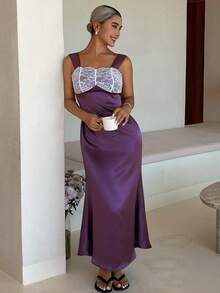 Livesso Women's Contrast Lace Thick Strap Elegant Mermaid Nightgown - Purple - View 5