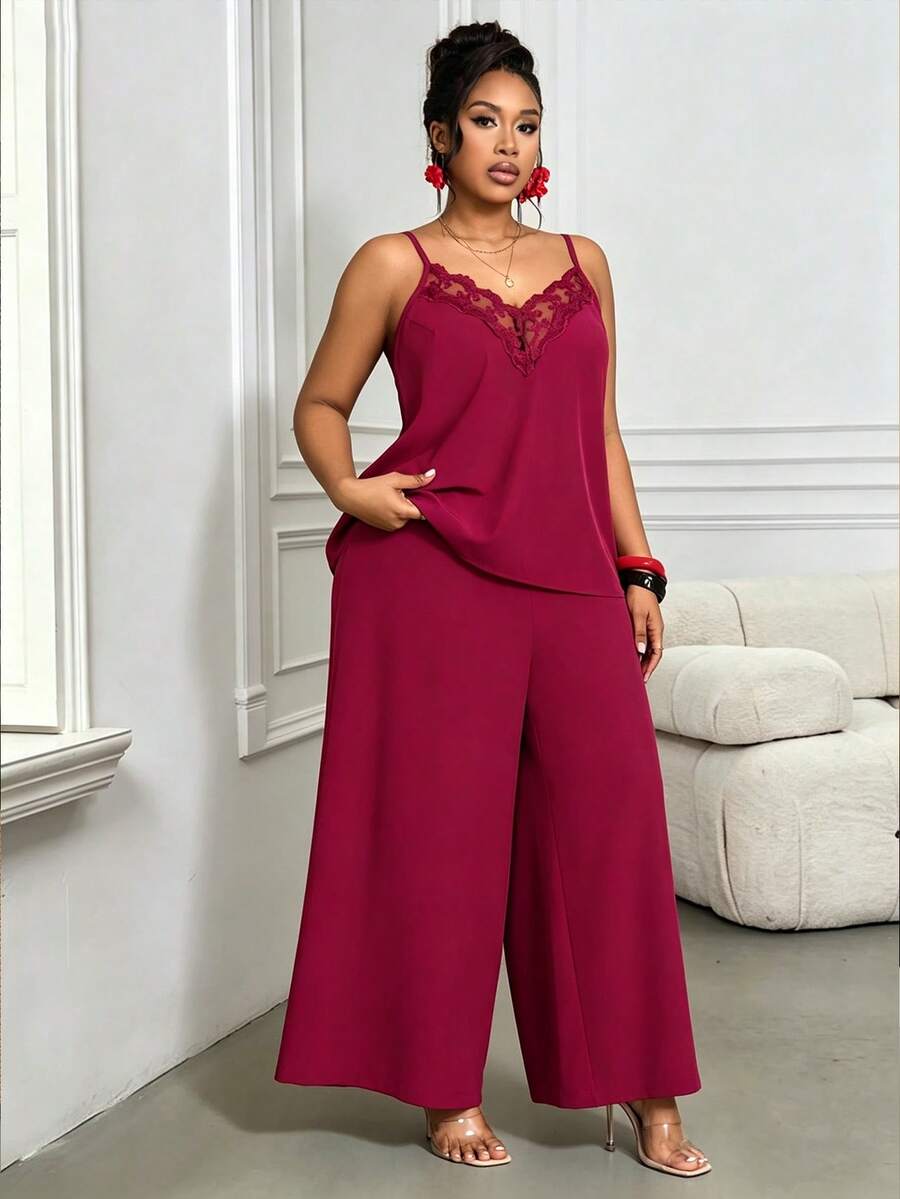 Villa Velisse Plus Size Fashion Casual Lace Camisole + Plus Size Fashion Casual Loose Pants - Red - View 1