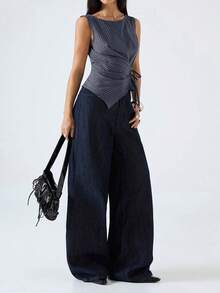 SHEIN EZwear 大尺碼深灰色條紋印花圓領抓皺打結休閒T恤 - 深灰色 - 查看 7