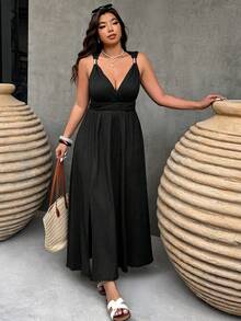 Weeklong Plus Size Women's V-Neck Textured Fabric Metal Buckle Decor Waist A-Line Split Hem Casual Vacation Dress, Spring/Summer - Black - View 3