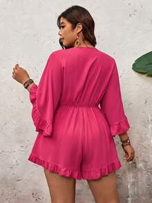 SHEIN VCAY Plus Size Holiday Solid Color Batwing Sleeve, Ruffle Hem, Tie Waist Jumpsuit Fall - Hot Pink - View 2