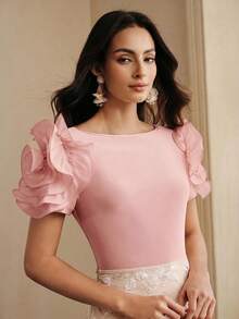 Anewsta Women's Short Sleeve Knit Top With 3D Rose Flower,Dusty Pink,Summer,Elegant,Dinner Date Waist Cinching Shiny Top For Wedding,Party - Dusty Pink - View 4