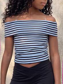Coolane Kids Top corto de ajuste ceñido con hombros descubiertos de unicolor para niñas preadolescentes - Azul y blanco - Ver 3