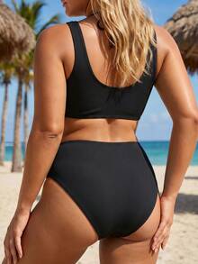 Swim Lushoire Plus Size Women 2pcs Solid Color Twist Front Ruched Tummy Control Bikini Set Set, Suitable For Vacation Party Beach White Summer - Black - View 2