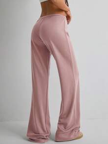 Women's Casual Solid Color Long Straight Leg Pants With Medium Stretch - Rusty Rose - View 2