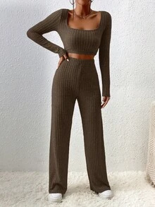 EURMUSE Cotton 2pcs/Set Ribbed Short Sleeve T-Shirt & Long Pants Outfits - Dark Grey - View 4