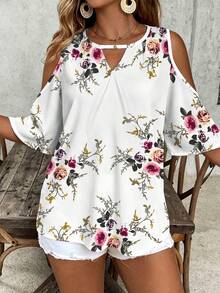 SHEIN VCAY Plus Size Casual Boho Minimalist All-Over Print Shirt Holiday Vacation White Summer - Multicolor - View 5
