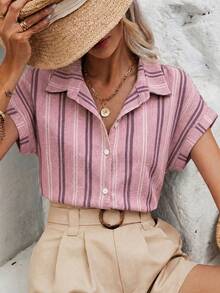 SHEIN Frenchy Áo sơ mi nữ kẻ sọc cài cúc kiểu dáng thường ngày, áo kiểu kẻ sọc, trang phục mùa hè cho nữ. - Nhiều màu - Xem 8