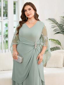 Reflora Plus Size Women Textured Metallic Rhinestone Buckle Ruched Lace Patchwork Dress Fall - Green - View 5