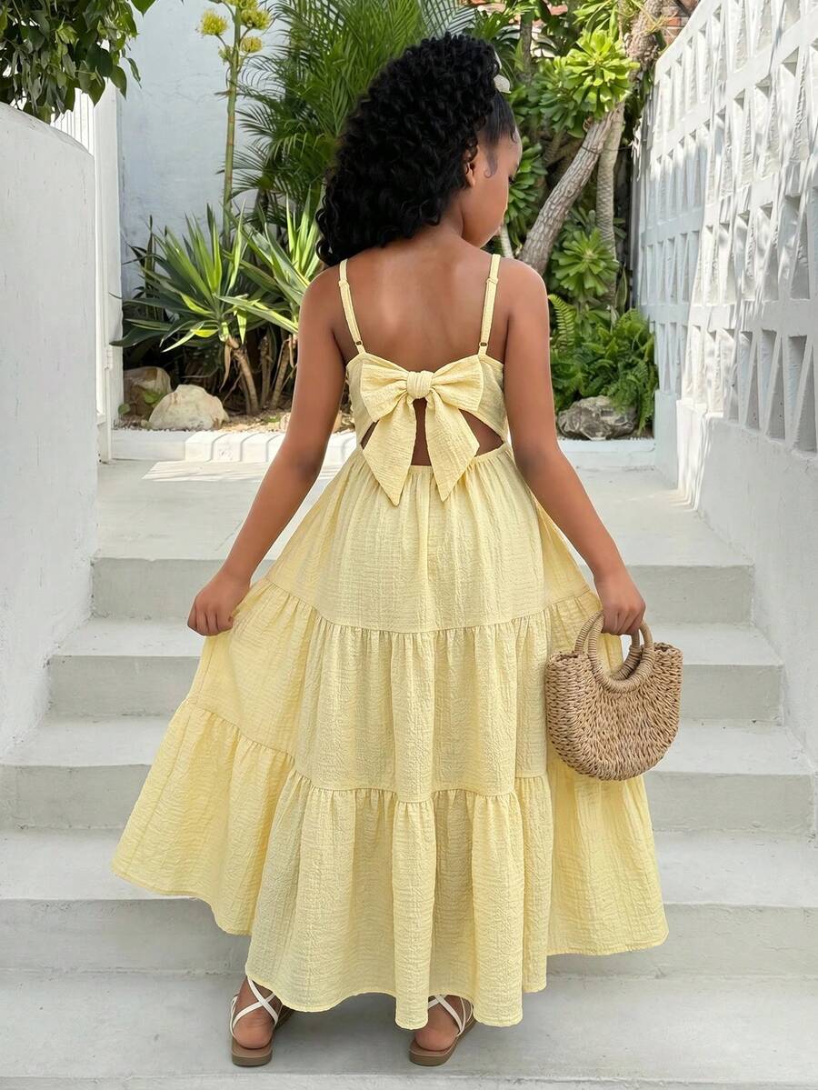 Tween Girls' Vacation Casual Ruffled Strap Backless Bowknot Dress, Summer Beach Holiday Dress Yellow, Vacation, Bow - Multicolor - View 1