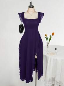 SHEIN ICON Plus Size Square Neck Ruffle Trim Fitted Dress, Suitable For Wedding Parties, Wedding Guest Attire, Romantic Spring Outfit - Purple - View 1