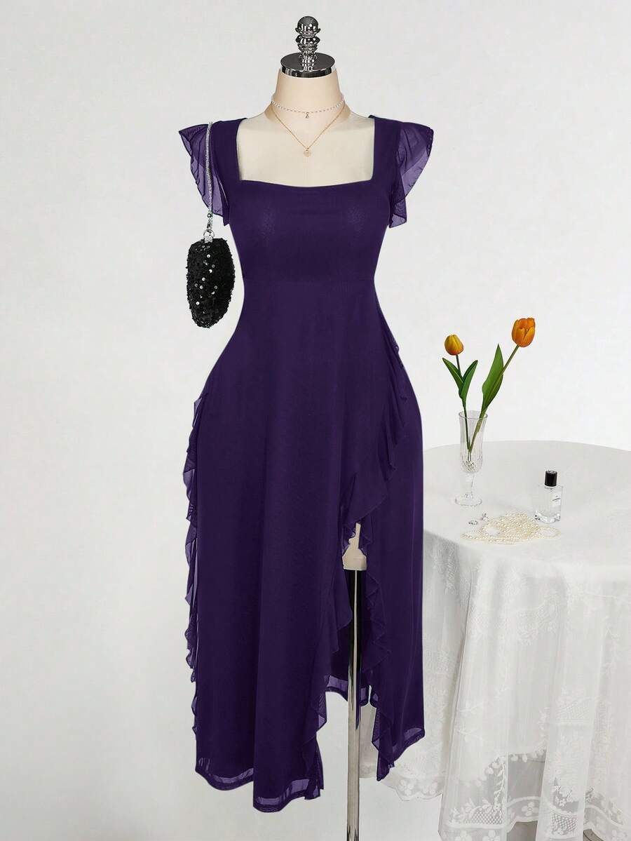 SHEIN ICON Plus Size Square Neck Ruffle Trim Fitted Dress, Suitable For Wedding Parties, Wedding Guest Attire, Romantic Spring Outfit - Purple - View 1