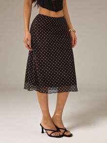 SHEIN PETITE Chân váy nữ chấm bi lưới màu nâu cà phê - Cà phê nâu - Xem 7