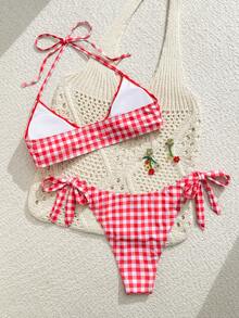 Swim Mod Sweet And Sexy Tropical White Plaid Halter Neck Tie Backless Bikini Swimwear Set For Women, Starfish Embellished Bikini Two-Piece Set Holiday Beach - Multicolor - View 2
