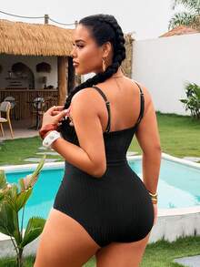 Swim Vcay Plus Size Women One-Piece Solid Color Shell Decor Elegant Swimsuit For Beach Gym Pool Summer - Brown - View 2