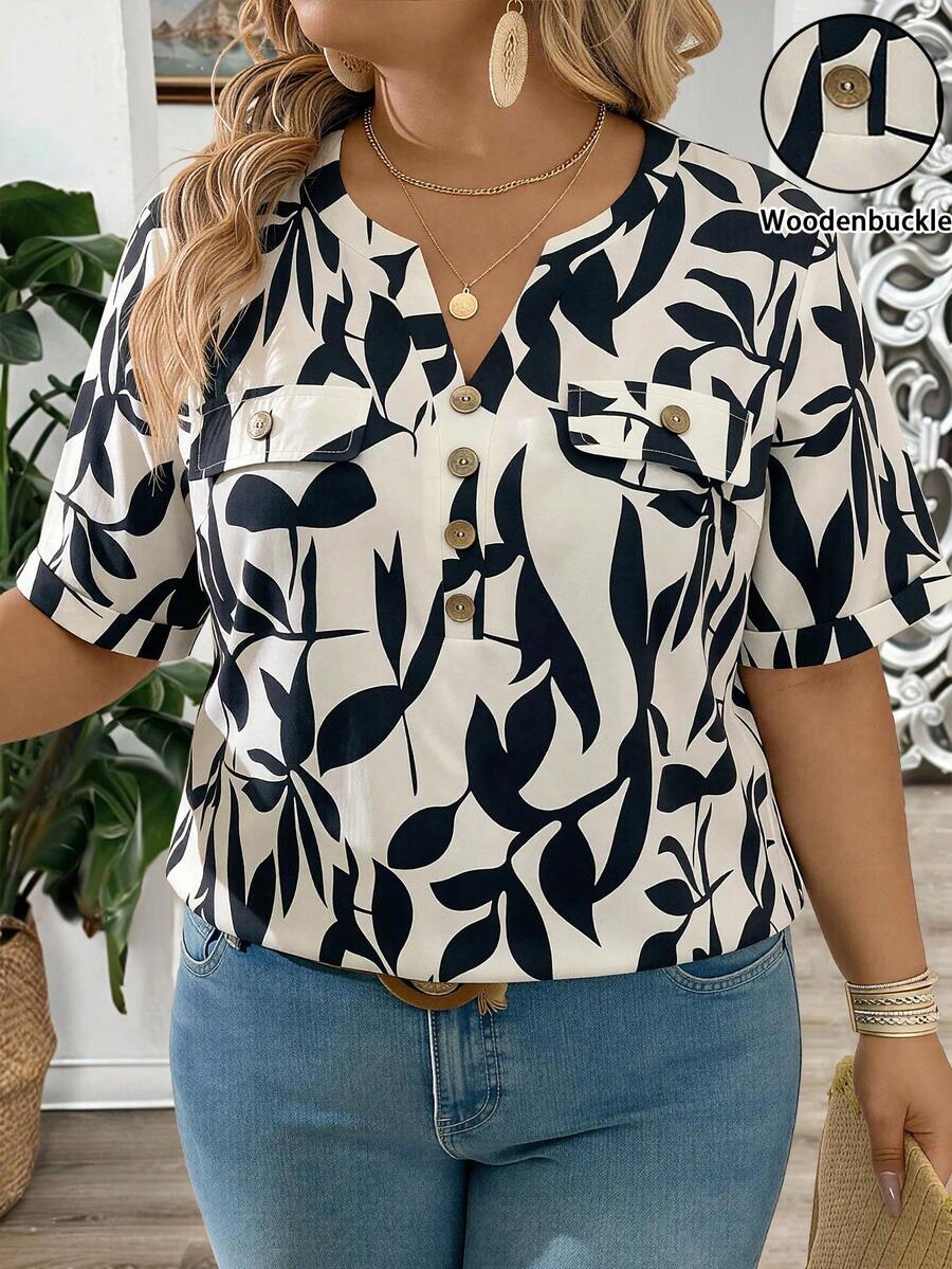 EMERY ROSE Daily Comfortable Retro Wooden Buckle Decoration Navy Blue Plant Print Women's Short Sleeved Casual Shirt Vacation Summer - Apricot - View 1