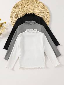 Emery Rose Kids Emery Rose Kids 3pcs/Set Young Girls Casual Basic Solid Color Ribbed Lettuce Trim Mock Neck Knit Fitted T-Shirt Set, Autumn/Winter - Multicolor - View 3