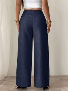 Pantalones holgados de pierna recta para mujer, de algodón de bambú, con diseño de cintura con hebilla superpuesta en la parte delantera, pliegue frontal para el Día de Acción de Gracias - Gris - Ver 7