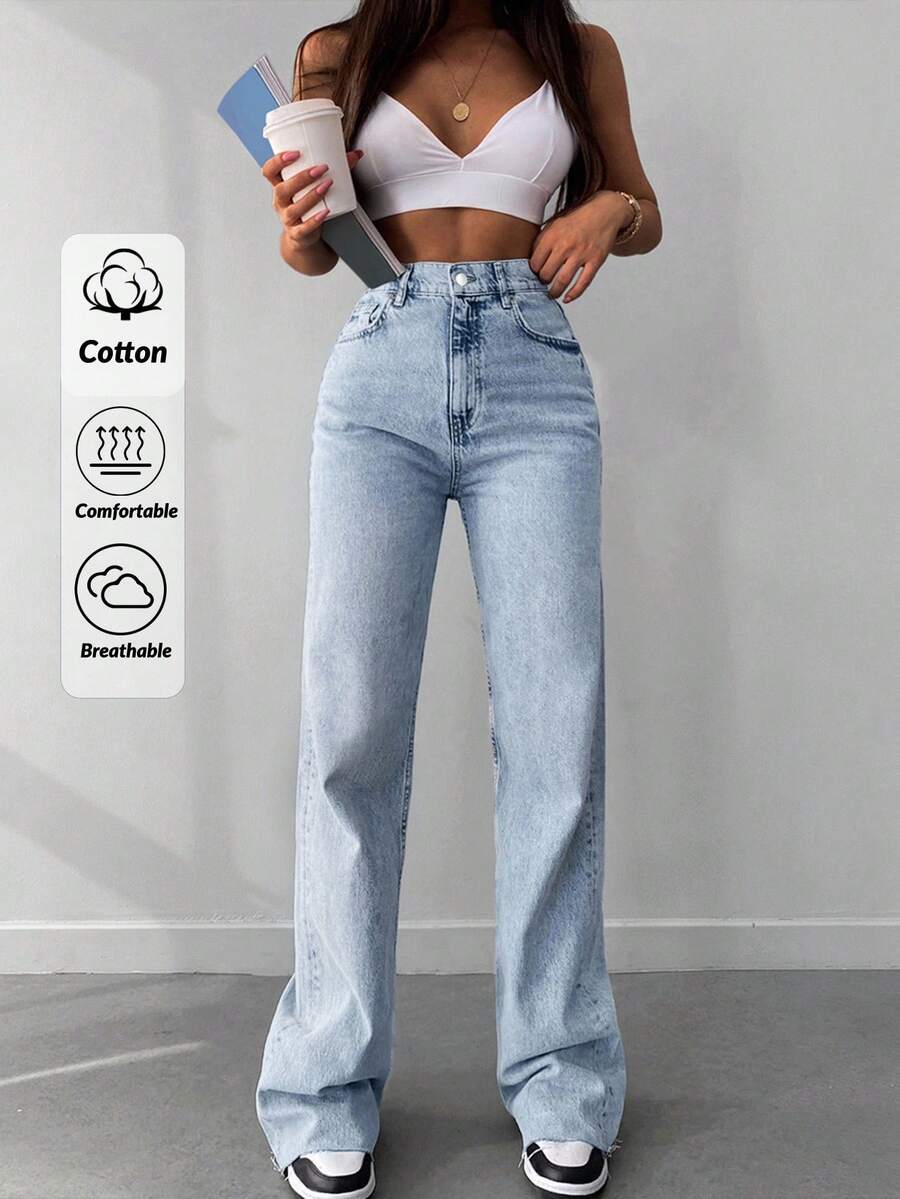 SHEIN Tall 高腰原色毛邊寬腿高腰上班牛仔褲 - 中等水洗藍 - 查看 1