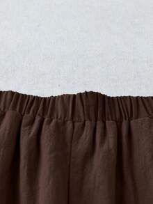 SHEIN LUNE CURVE 大码女式纯色休闲日常纽扣口袋直筒裤，夏季棉麻裤 - 棕色 - 查看 7