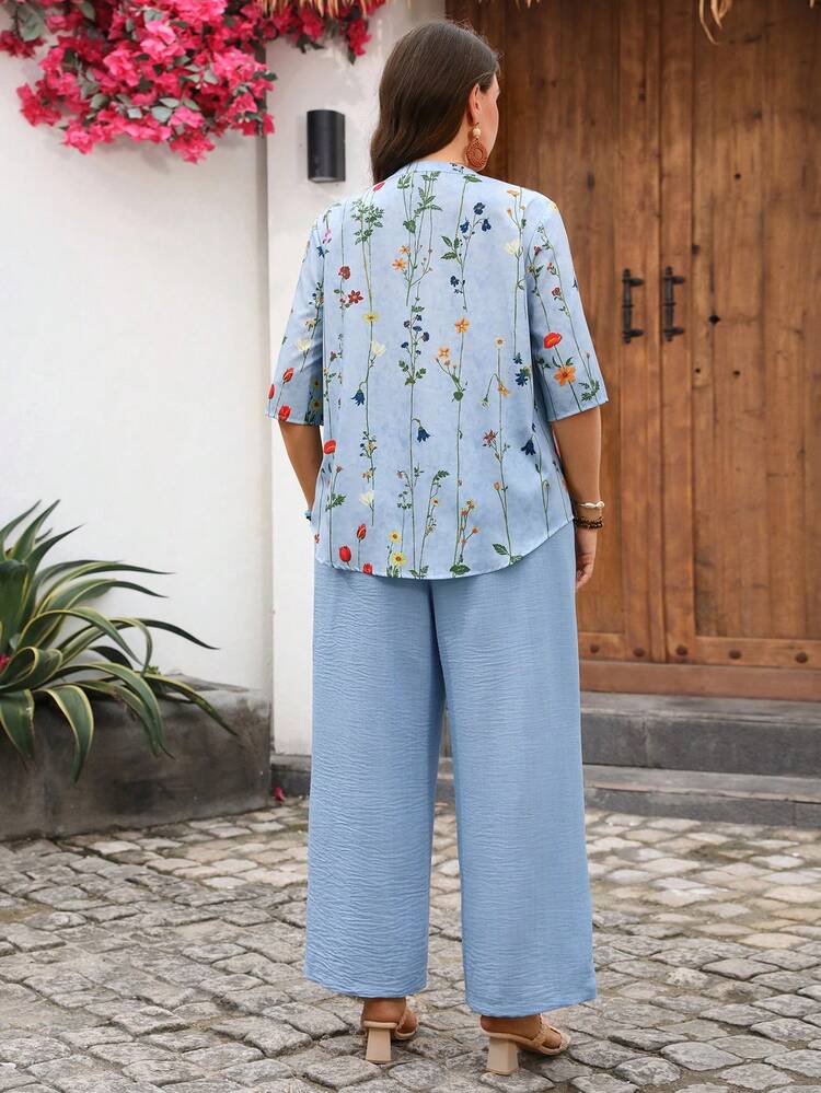 Plus Size Floral Print Cutout Neck Top And Solid Color Wide Leg Pants Casual 2 Piece Set Summer Outfit For Women Beach Outfit For Women