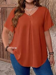 EMERY ROSE Plus Size V-Neck Ruched Short Sleeve Burnt Orange Summer Tops,Casual Solid Dressy Top For Women,Smart Casual Everyday Work,Country Vacation Outfits - Rust Brown - View 4