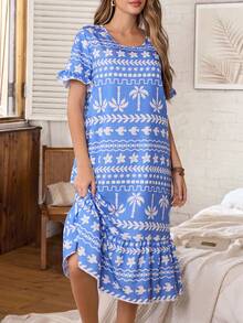 Serenescape Women's Ruffle Sleeve Round Neck Printed Long Nightgown - Blue - View 3