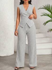 SHEIN Lady 女士V领条纹金属装饰上衣和裤子休闲两件套 - 黑與白 - 查看 4