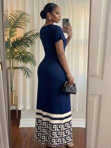SHEIN Lady CURVE Plus Size Round Neck Short Sleeve Striped Casual Long Dress For Summer - Multicolor - View 2