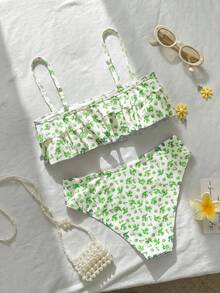Swim Mod 花卉荷葉邊可愛甜美復古休閒度假海灘海邊女款泳衣套裝 - 彩色 - 查看 3