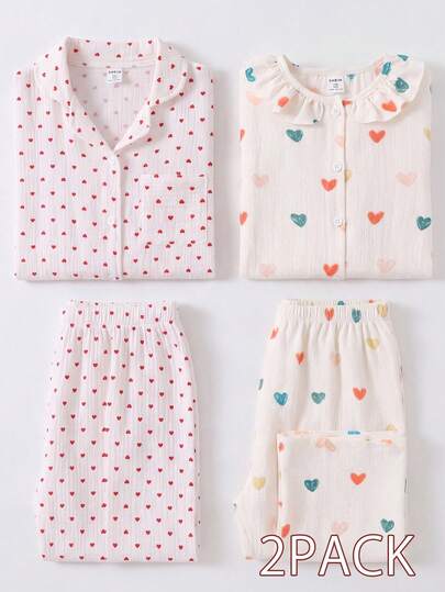 2pcs Girls' Collared Cardigan & Pants Pajama Set With Heart Graphic, Natural Vibe