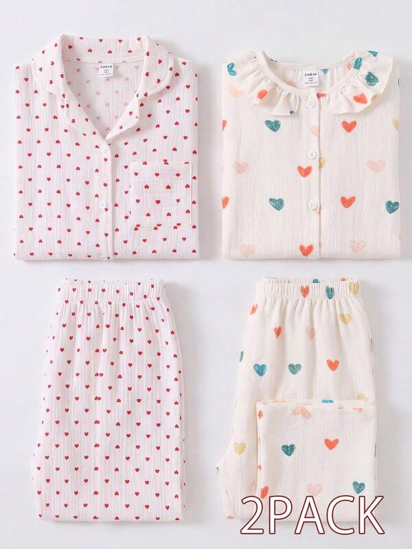 2pcs Girls' Collared Cardigan & Pants Pajama Set With Heart Graphic, Natural Vibe