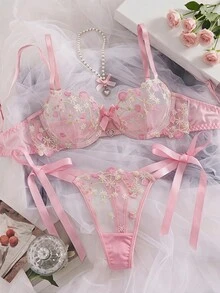 SHEIN MOD Sweet Girl Cute Pink Mesh Embroidered Thin Bra With Heart Rhinestone Decor, Silky Bow Tie Panty Ladies Lingerie Set - Pink - View 1