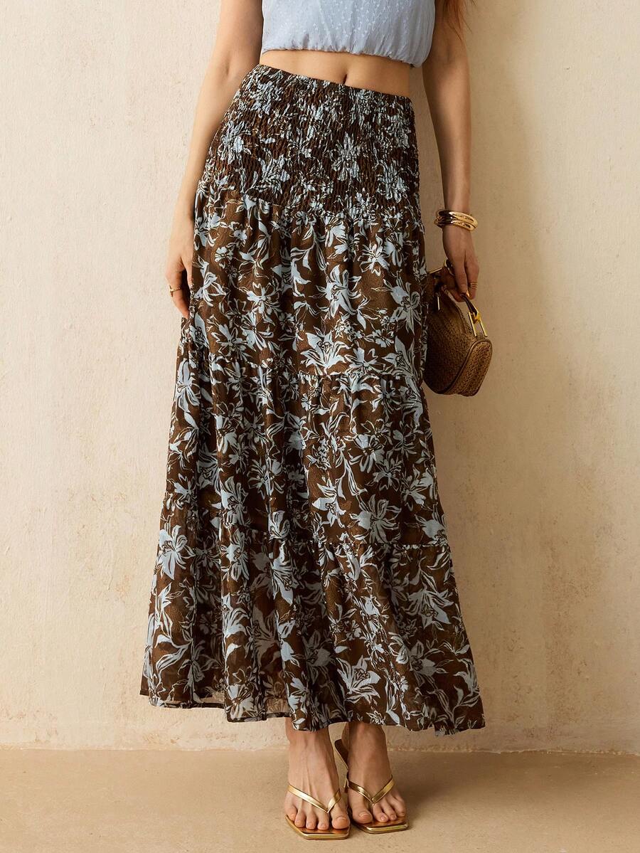 CielaLinda Women's Textured Jacquard Print Chiffon Maxi Skirt - Brown - View 1