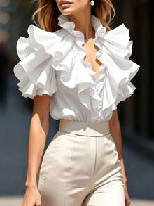 Balvessa Exaggerated Ruched Solid Color Elegant Fashion Short Sleeve Blouse - White - View 4