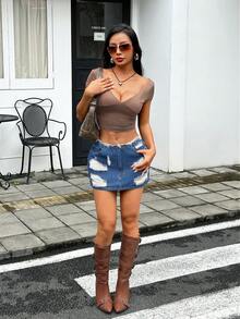 SHEIN ICON 女士休闲做旧毛边牛仔迷你裙，夏季 - 藍色 - 查看 3