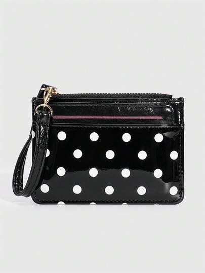 ROMWE 1Pc Y2K Polka Dot Mini Coin Purse, Fashion PU Small Wallet, Kawaii Style Card Holder, ID Document Storage Bag, Detachable Multi-Layer Slim Polka Dot Card Organizer