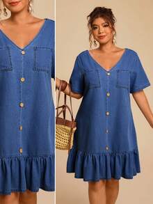 Travachic Plus Size Women's Denim Dress With Button, Dual Pockets And Ruffle Hem Dresses For Women Summer - Medium Wash - View 1