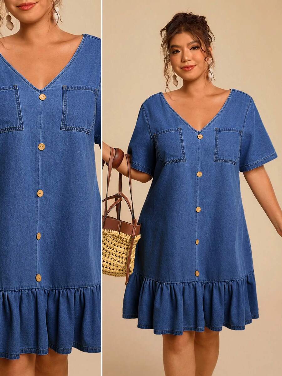 Travachic Plus Size Women's Denim Dress With Button, Dual Pockets And Ruffle Hem Dresses For Women Summer - Medium Wash - View 1