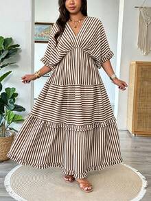 Vionelle Plus Size Women Elegant Boho White Ruffle Hem Dress, Spring/Summer Vacation - Khaki - View 5
