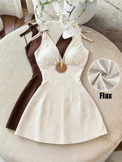 Franclia New Spring/Summer Women's Cotton Linen Spaghetti Strap Dress, Solid Color Tie-Waist Deep V-Neck A-Line Mini Dress, Sexy Slim Fit Vacation/Date/Beach Outfit