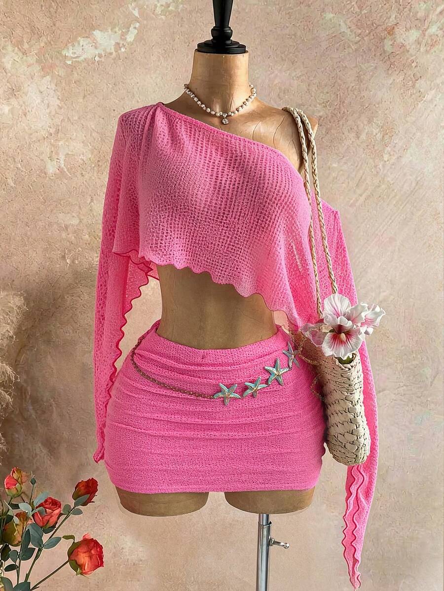 Soleia Bộ đồ dự tiệc gợi cảm mới, áo kiểu lệch vai đính sequin vàng, dáng rộng, vạt áo lệch và chân váy ngắn xếp ly cạp thấp, phong cách Bohemian, Boho, đi nghỉ mát, cổ điển, lễ hội, bãi biển, du thuyền. - Hồng - Xem 1