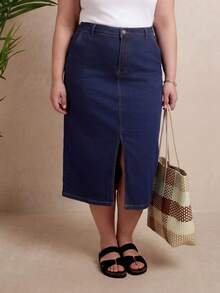 ELLERISSA Plus Size Dark Wash Denim Pencil Skirt With Front Split - Dark Wash - View 3