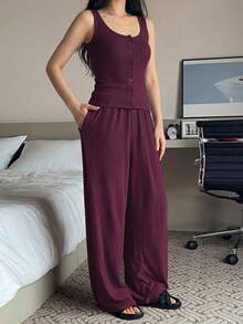 DAZY Bộ 2 món gồm quần dài ống đứng không tay màu trơn và áo khoác cardigan mặc nhà cho nữ, thích hợp cho mùa hè. - Màu Đỏ Sâu - Xem 5