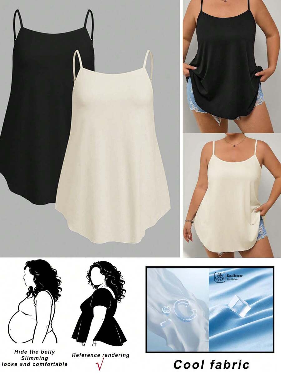 SHEIN CURVE+ 两件装加大码黑白吊带睡裙,居家、户外、度假皆宜,舒适透气 - 彩色 - 查看 1