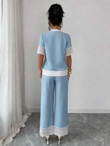 SHEIN Elenzya 优雅浪漫度假通勤蕾丝边宽松上衣+裤子两件套女装 - 藍色 - 查看 2