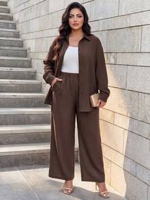 SHEIN Lady CURVE Western Style Beach Vacation Solid Color Denim Effect Linen Loose Casual Plus Size Women 2 Pieces Set, Spring/Autumn Lounge Sets For Women - Coffee Brown - View 8