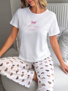 SHEIN Cute Leopard Heart & Bow Print Short Sleeve Casual Pajama Set - Multicolor - View 5