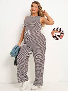 Plussiva Plus Size Maternity Striped Print Round Neck Tank Top And Tie Front Pants Casual 2 Pieces Set - Brown - View 1