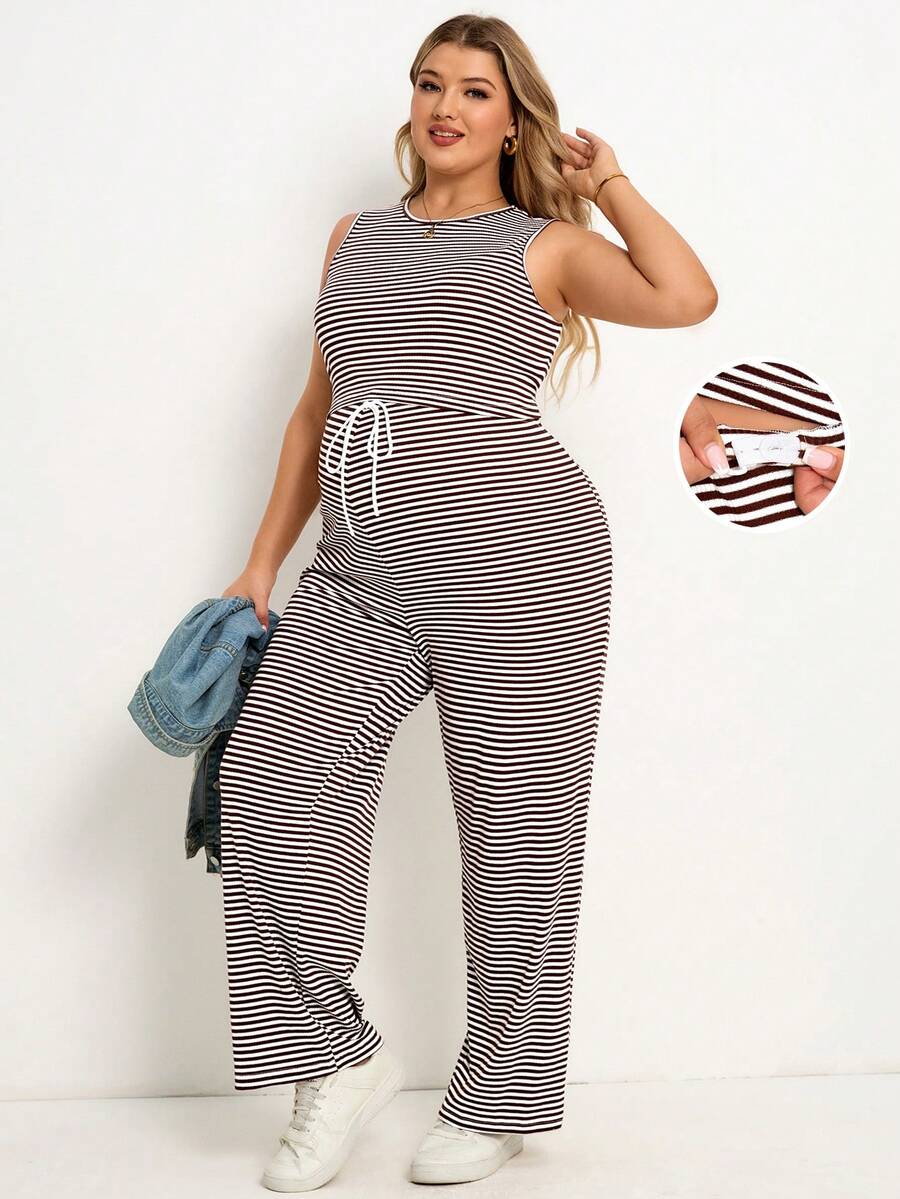 Plussiva Plus Size Maternity Striped Print Round Neck Tank Top And Tie Front Pants Casual 2 Pieces Set - Brown - View 1